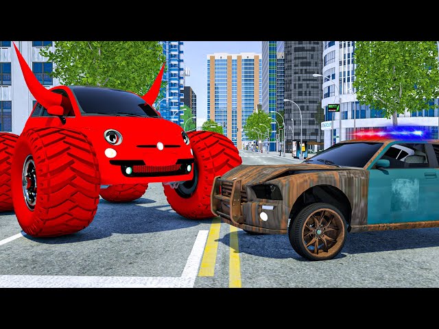 Monster Villian Car in Cage by Fire Truck Frank & Sergeant Lucas the Police Car | Wheel City Heroes
