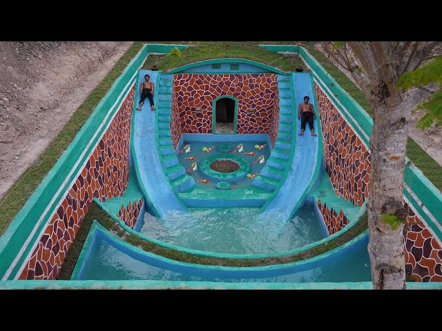 Build Water Slide Park Underground Swimming Pool With Soak Pool And Fish Pond Around Water Well