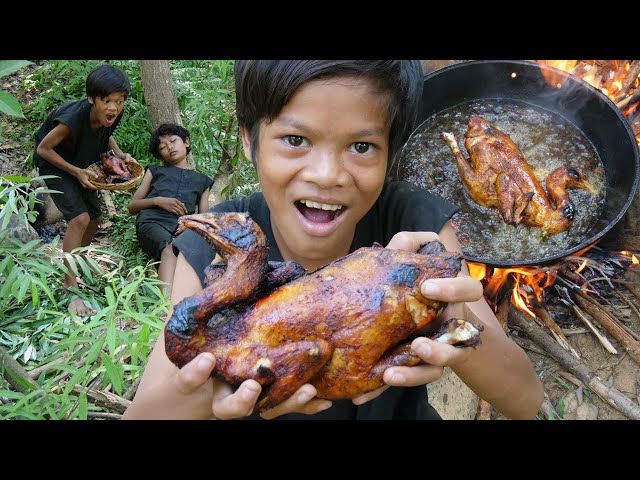 Survival Skills Primitive - Cooking and fried chicken recipe eating ep0029