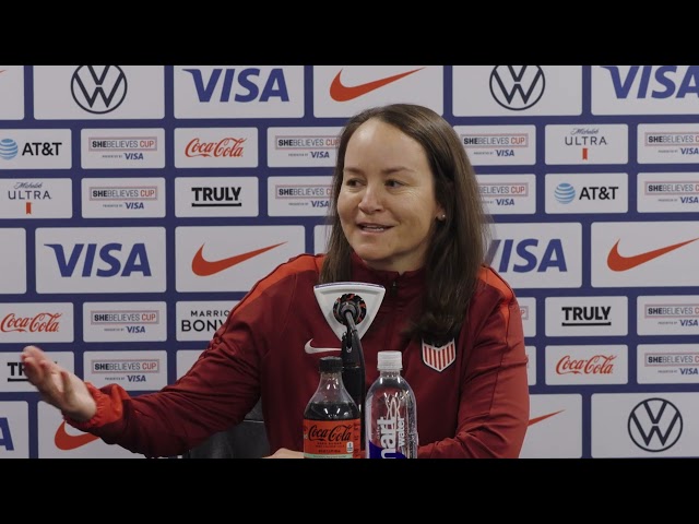 USWNT Head Coach TWILA KILGORE talks prior to facing Canada at the SheBelieves Cup