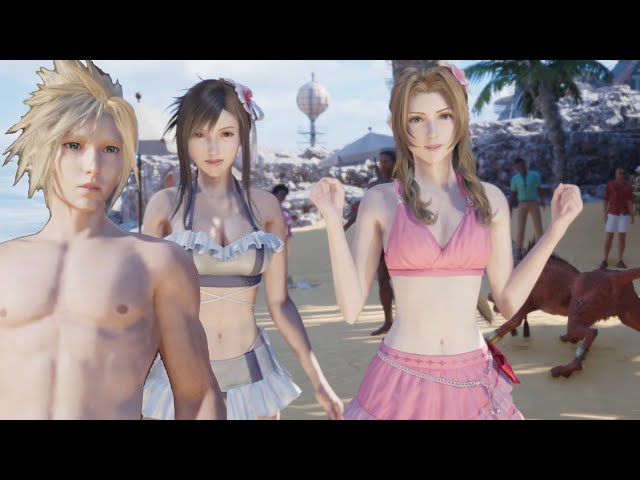 Final Fantasy 7 Rebirth - Cloud Reacts to Tifa & Aerith in Swimsuit Beach Scene 4K
