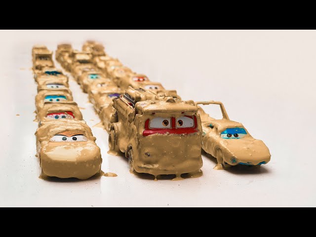Disney Pixar Cars fall into the water: Lightning McQueen, Miss Fritter, Jackson Storm, Dinoco,Mater.