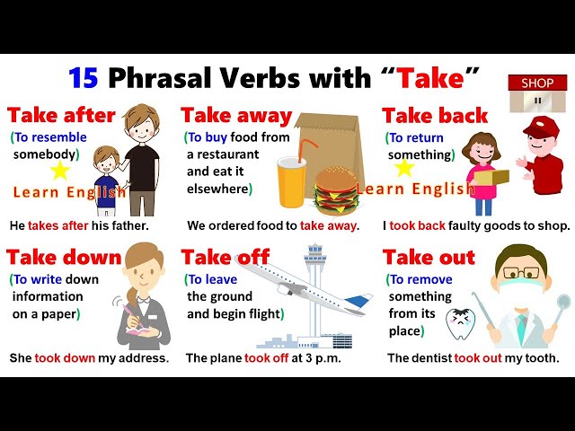 15 Phrasal Verbs with TAKE: Take after, Take away, Take back, Take down, Take off, Take out, Take up