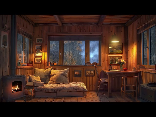 Rain Night Cabin Ambience 🔥 Fireplace Cracklings & Soothing Rain for Deep Sleep and Relief Stress