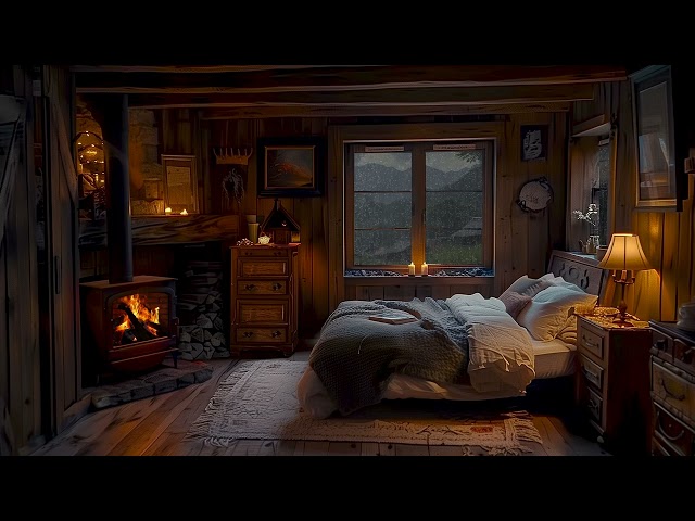 Cabin Cozy Ambience - Soothing Raindrops Falling on Window and Crackling Firewood for Sleep Better