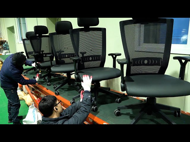 Process of making an ergonomically designed mesh office chair. Korean office furniture factory