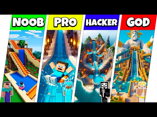 Minecraft Battle: NOOB vs PRO vs HACKER vs GOD: WATER PARK SLIDE HOUSE BUILD CHALLENGE / Animation
