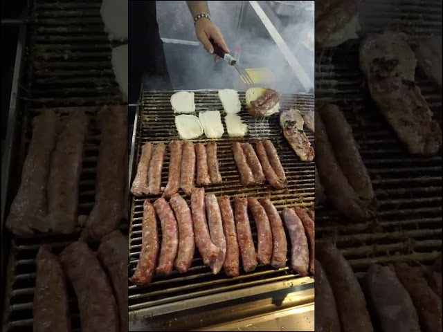 Italy Street Food. Grills with Melted Cheese, Sausages, Beef Angus, Pork Ribs
