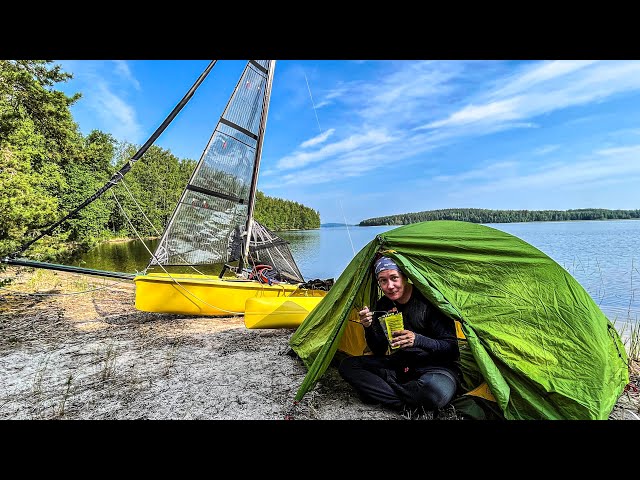 Overnight Camping with a Tiny Trimaran Boat in Finland!