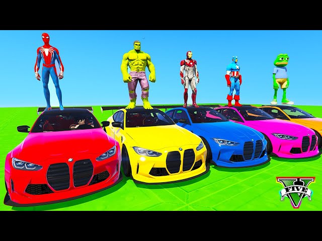 SPIDERMAN CARS Racing Mega  LAKE Ramp Challenge ! SUPERHEROES HULK Epic BMW Stunts Race GOKU - GTA 5