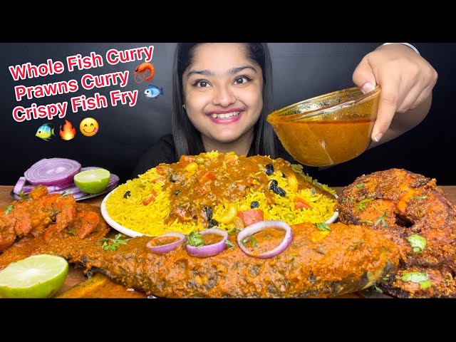 SPICY WHOLE FISH CURRY 🐟 SPICY PRAWNS CURRY🦐 AND CRISPY TAWA FISH FRY WITH VEGETABLE PULAO,MUKBANG
