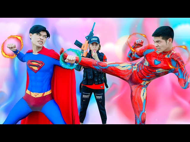 Xgirl Nerf Films: Two Power Heroes & SWAT Girls Nerf Guns Special Mission Fight Iron Man VS Superman