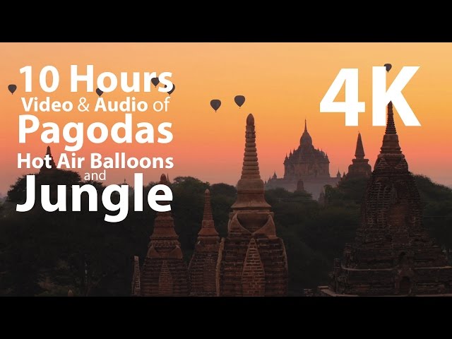 4K UHD 10 hours - Hot Air Balloons over Thai Pagodas, Jungle Audio & occasional bells - ambience
