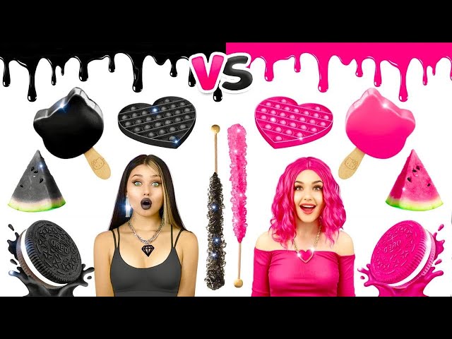 BLACK FOOD VS PINK FOOD CHALLENGE | Eating 1 Color Sweets for 24 Hours! Mukbang by RATATA BRILLIANT
