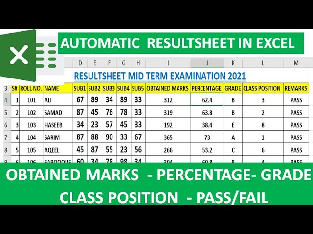 AUTOMATIC RESULTSHEET IN EXCEL|| OBTAINED MARKS||PERCENTAGE||GRADE|| CLASS POSITION||PASS /FAIL