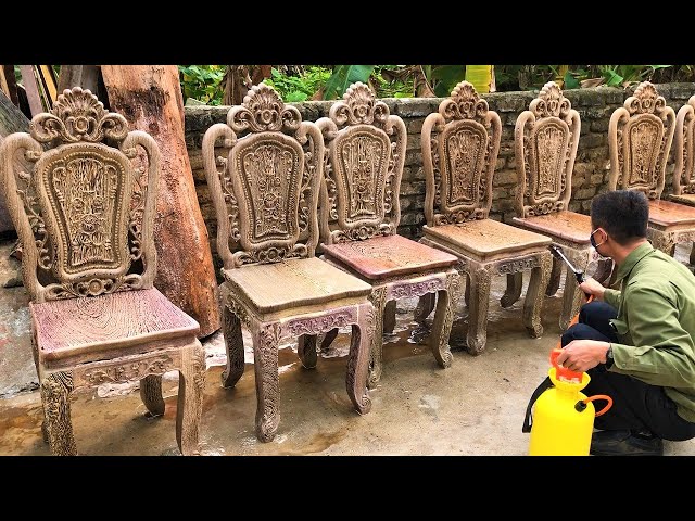 Making Exquisitely Carved Ebony Chairs // How to Bleach and Spray with PU paint For Ebony Chairs?