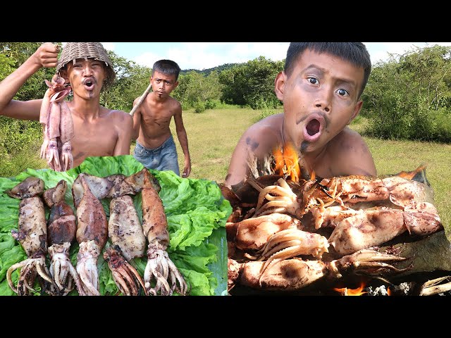 Primitive Wildlife: BIG Octopus Grill Recipe Cooking & Eating Delicious! Kmeng PreyTV