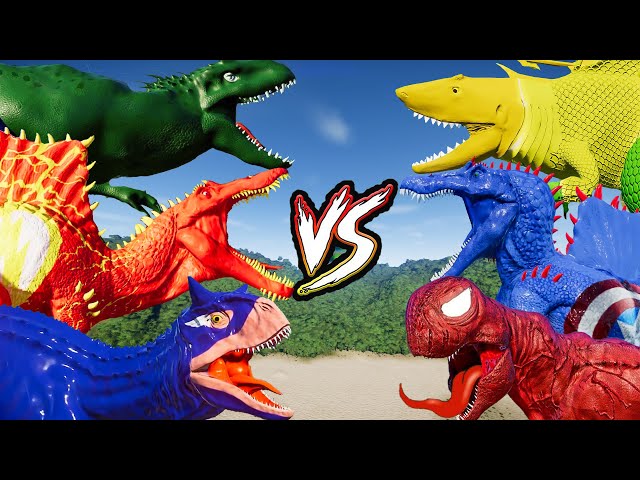 GREEN AQUAMAN vs GREEN LANTERN, DEADPOOL, CAPTAIN AMERICA &All Dinosaurs Fighting in Jurassic World