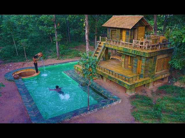 3 Month Building Bamboo Craft Villa and Water Slide To Swimming Pool