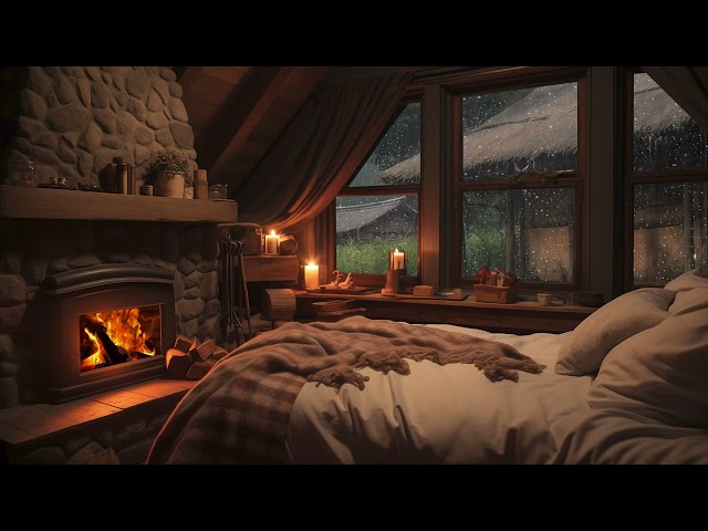 Cozy Bedroom Ambience - Crackling Fireplace Sounds, Soothing Sound of Rain for Stress Relief & Sleep