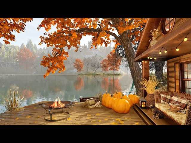 Autumn Cozy Lake House Porch in Rainy Morning with Bonfire, Relaxing Crickets and Fall Ambience