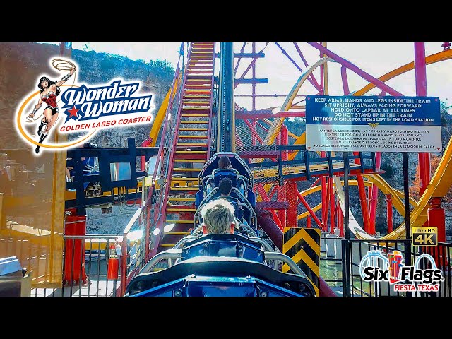 December 2023 Wonder Woman Golden Lasso Coaster at Sunset On Ride 4K POV Six Flags Fiesta Texas