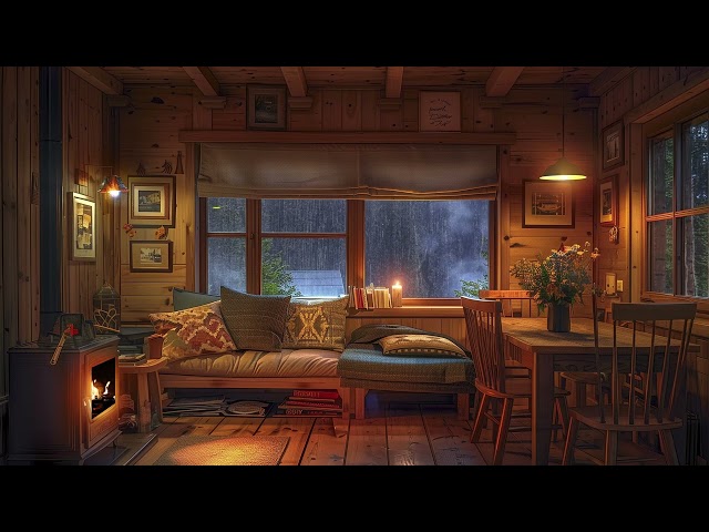 Cozy Cabin with Raindrops Falling on Window | Crackling Fireplace Burning for Relief Stress