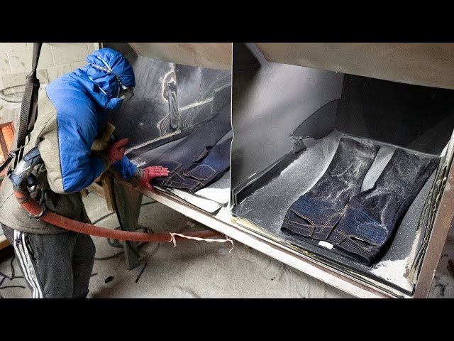 Distressed Jeans Mass Production Process. Korean Denim Jeans Factory
