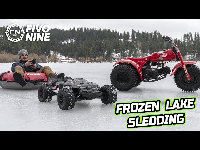 Rc Cars Pulling Sled and Ice Skates on Frozen lake | Xmaxx Kraton