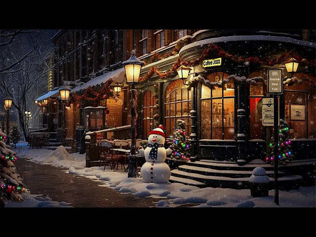 Jazz Relaxing Music ❄️ Nightly Snow on Street at Winter Coffee Shop Ambience with Smooth Jazz Music