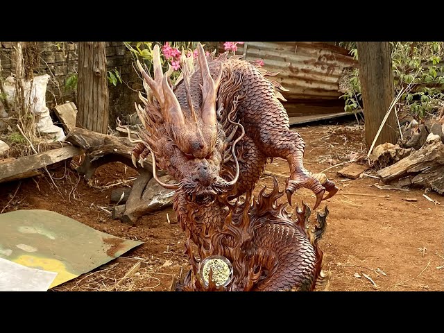 Red Wood Carving Dragon/The Process from Block to Artwork
