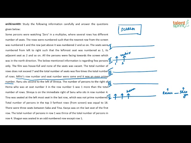 Linear Arrangements | Advanced Example - 34 | Reasoning Ability |TalentSprint Aptitude Prep