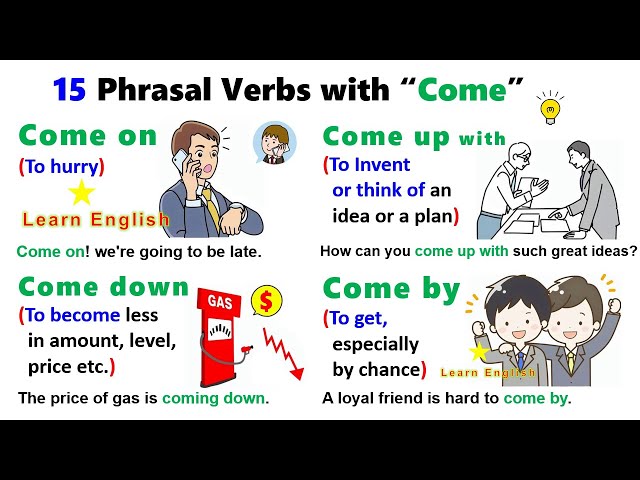 15 Phrasal Verbs with Come: Come on, Come down, Come in, Come up, Come across, Come back, Come out