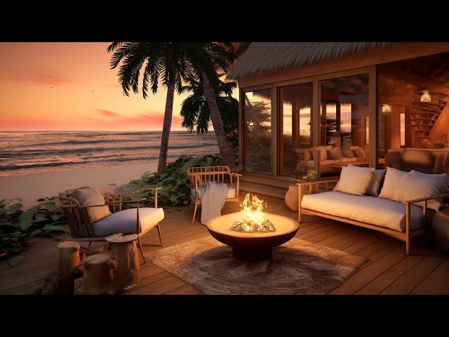 The soothing sound of ocean waves from the porch hours of a luxury resort at sunset | Camp-fire ASMR