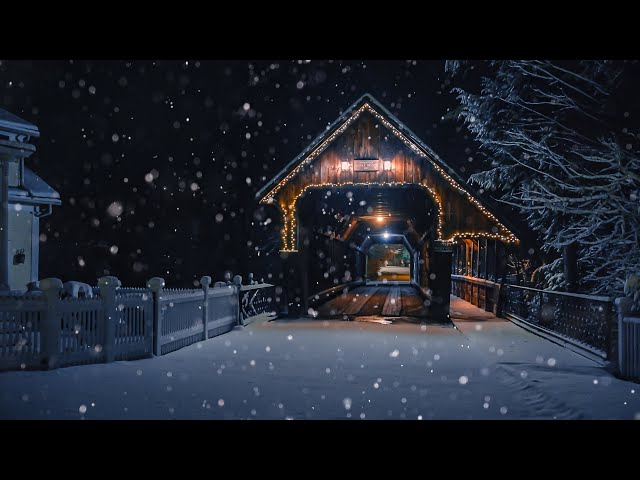 Woodstock, Vermont - Walking in the Snow at Night (4K) | Binaural Audio, Relaxing Winter Ambience