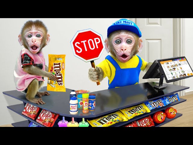 KiKi Monkey has trouble with Naughty Baby when pretend Cashier at the supermarket | KUDO ANIMAL KIKI