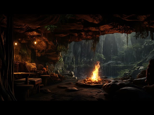 Dark Night Ambience in Cave - Fireplace Cracklings 🔥 Soothing Rain & Thunder Sounds for Deep Sleep