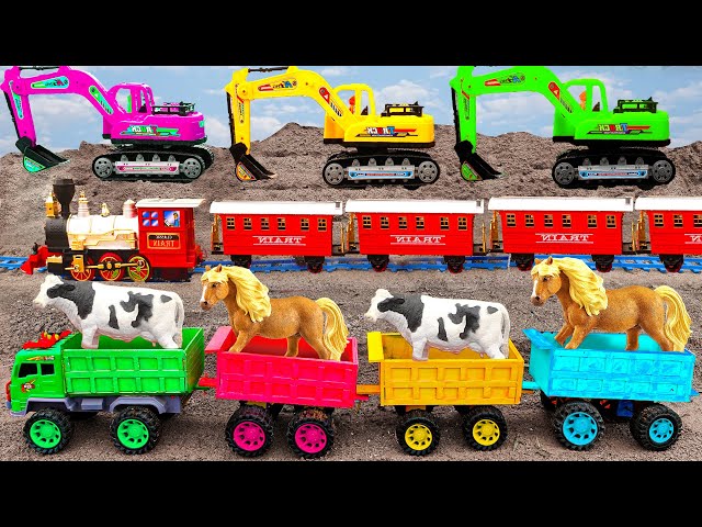 Car toy, JCB Excavator, train, construction vehicles build water pipe for animal - Learning for kids