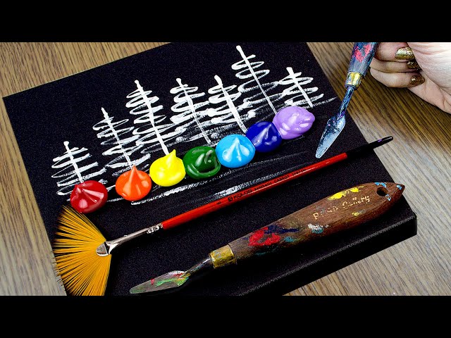 Easy Rainbow Abstract Landscape｜Acrylic Painting Tutorial For Beginners on Black Canvas