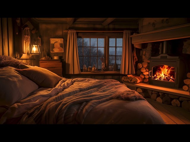 Deep Sleep with Crackling Fireplace Burning & Relaxing Rain丨Cozy Room Rainy Days at Night Ambience