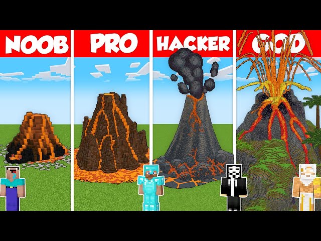 VOLCANO BASE HOUSE BUILD CHALLENGE - Minecraft Battle: NOOB vs PRO vs HACKER vs GOD / Animation