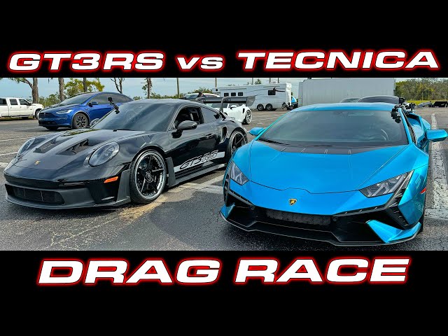 STRAIGHT PIPED GT3RS vs Tecnica * Porsche GT3RS vs Lamborghini Huracan Tecnica 1/4 Mile DRAG RACE