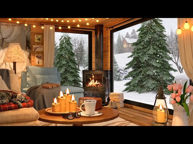 Cozy Cabin in Snowstorm Ambience with Snow Falling, Howling Wind, Relaxing Fireplace Sounds