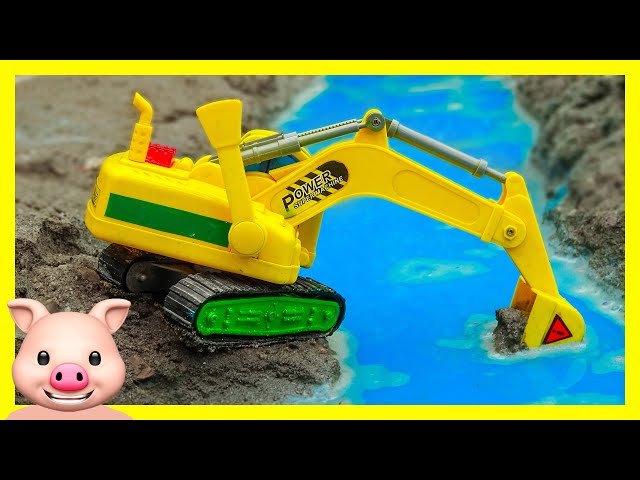 Bé cá đồ chơi - Xe cẩu múc cát, ô tô tải chở cát, máy xúc đất tìm xe đồ chơi