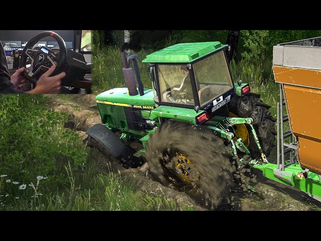 John Deere 4755 stuck in mud with heavy trailer - Thrustmaster T248 gameplay