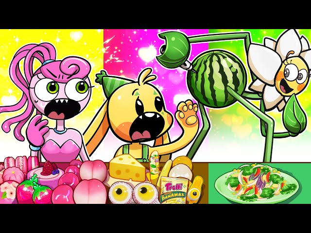 [Animation] Pink ,Yellow,Green Food Eating Challenge! Bunzo Bunny, Daisy, Mommy Long Legs Mukbang!