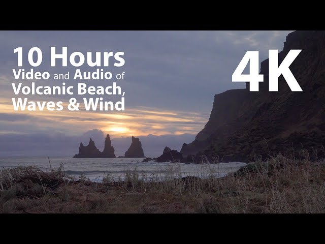 4K UHD - Volcanic Beach with Wind and Waves Audio - relaxing, calming, mindfulness