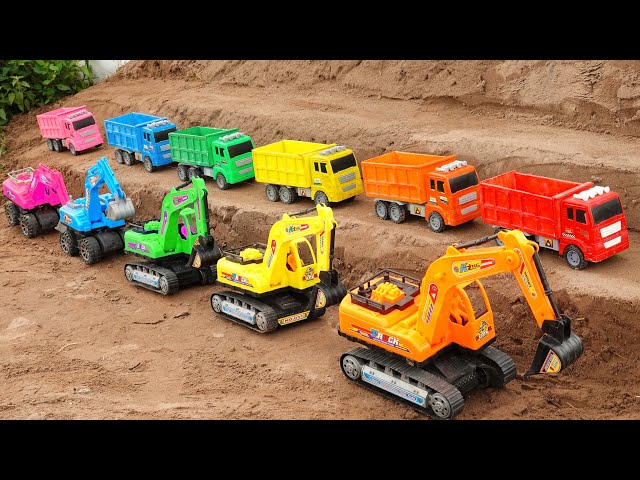 Excavator cars, crane trucks help dump trucks carrying cows, pandas, cats, rabbits