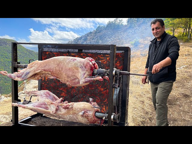 2 Lambs on a Unique Spit in the City of Shusha! Azerbaijani pilaf in the mountains