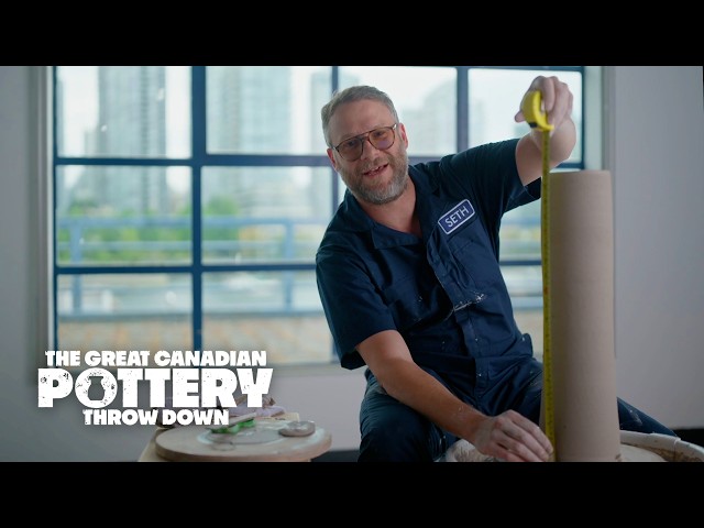 How high can he go? Seth Rogan throws a cylinder out of clay.